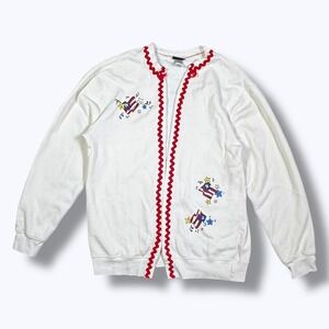 Joe Boxer Cardigan M White Red Patriot Grandma Cottagecore Americana Sweater